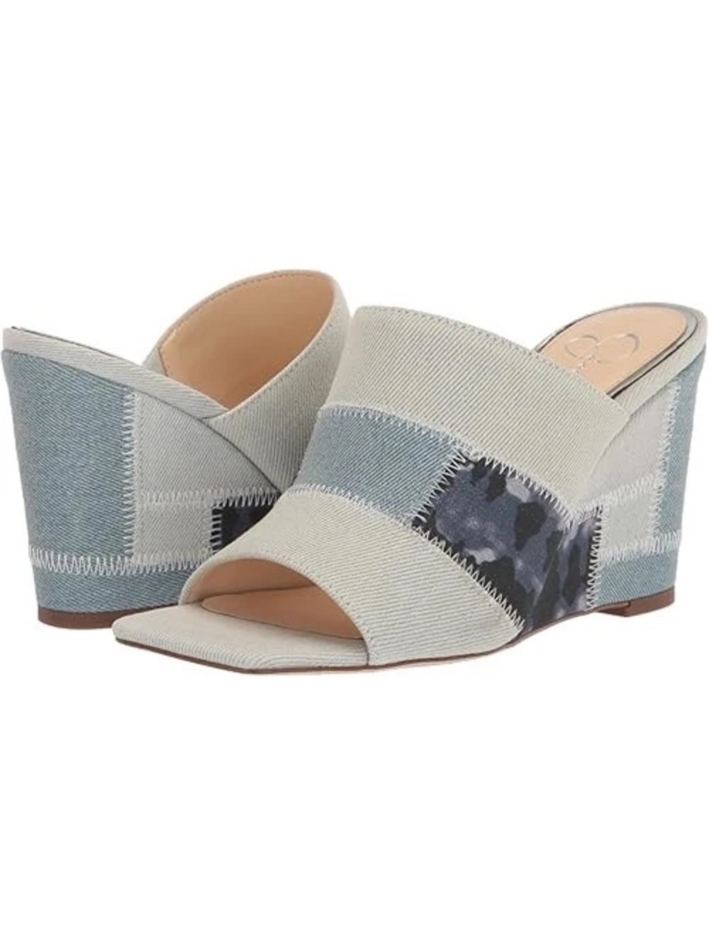 Jessica Simpson Aishia Cream and Blue Patchwork Slide Wedge New in Box
